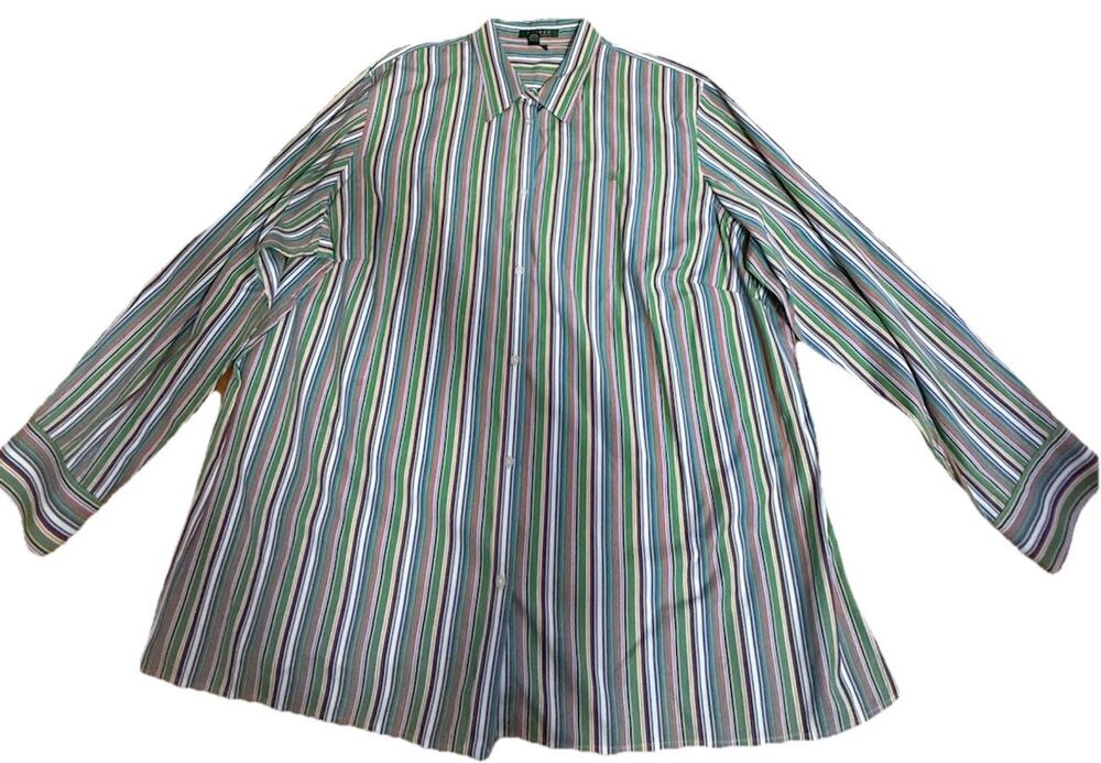 LAUREN RALPH LAUREN Women’s Striped Rainbow Button Up L/S Shirt Preppy Size 3X